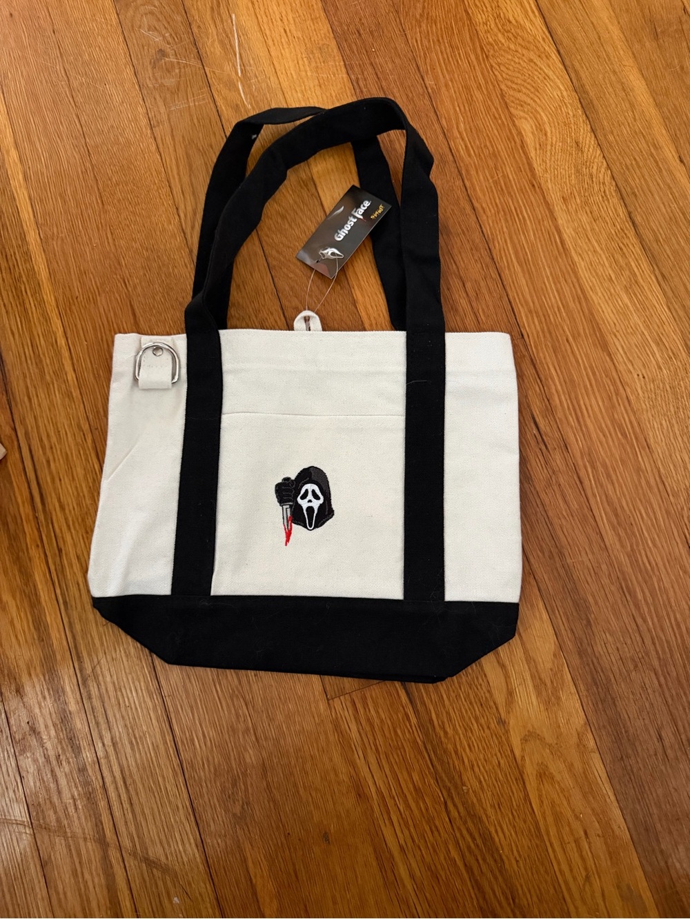 Spirit Two-Tone Canvas Tote with Embroidered Mask Accent - Black & White